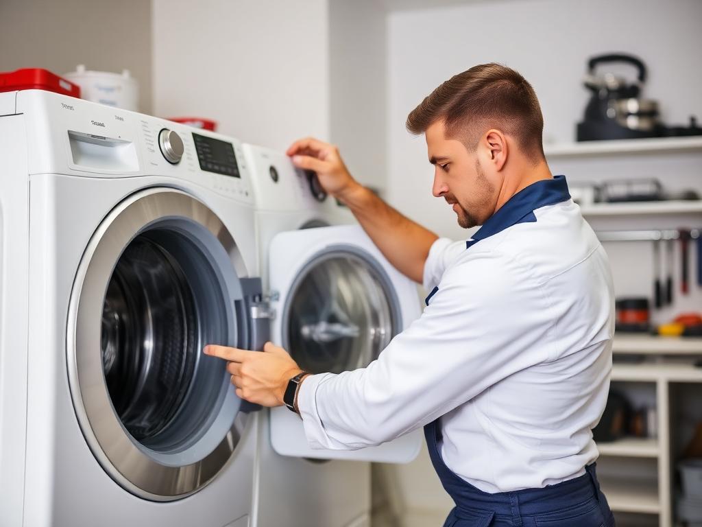 Technician repairing the back panel of a washing machine