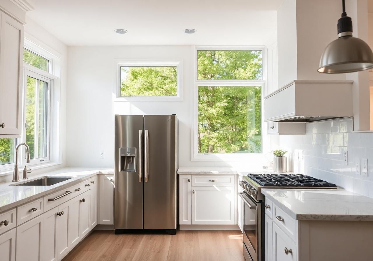 Modern kitchen with stainless steel refrigerator and range